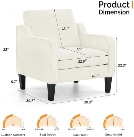 VINGLI Cream Accent Chair, Chenille Upholstered Armchair for Living Room