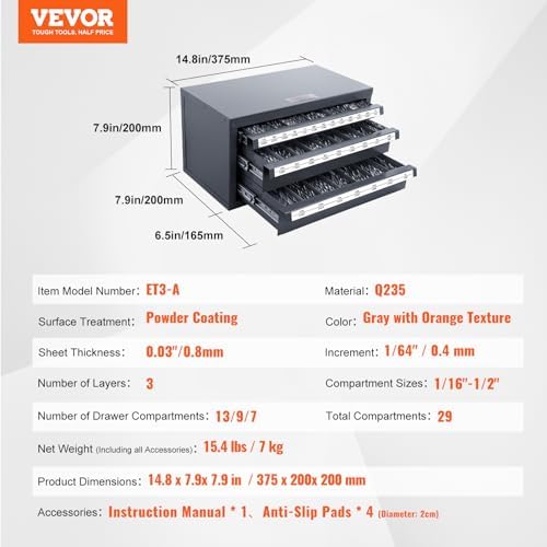 VEVOR Drill Bit Dispenser Cabinet, Three-Drawer Drill Bit Dispenser, Drill Bi...