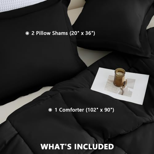 CozyLux King Size Comforter Set, 3-Piece Box-Stitched, Black