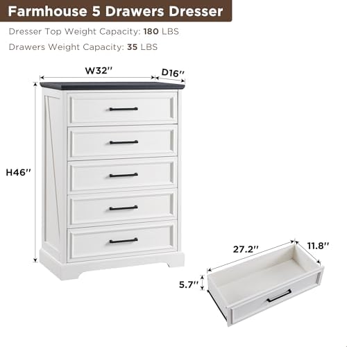 ACCOHOHO Farmhouse 5 Drawers Dresser Chests for Bedroom, Antique White