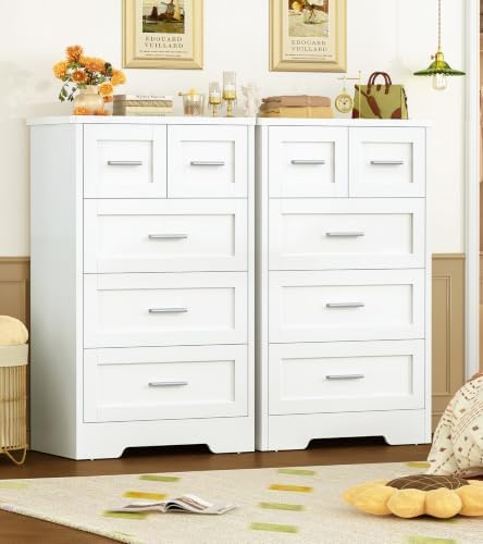 TEENFON Tall White Dresser for Bedroom, Modern 5 Drawer Dresser with Metal Ha...
