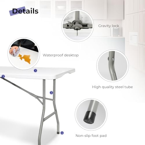 Folding Table 6ft, Heavy Duty Plastic Fold-in-Half Utility Table, White