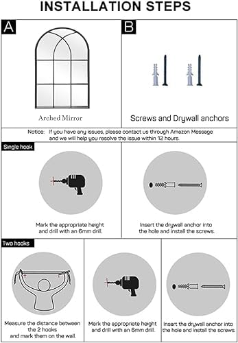 Dewfig Arched Window Wall Mirror, 42"x24" Windowpane Mirror, Black