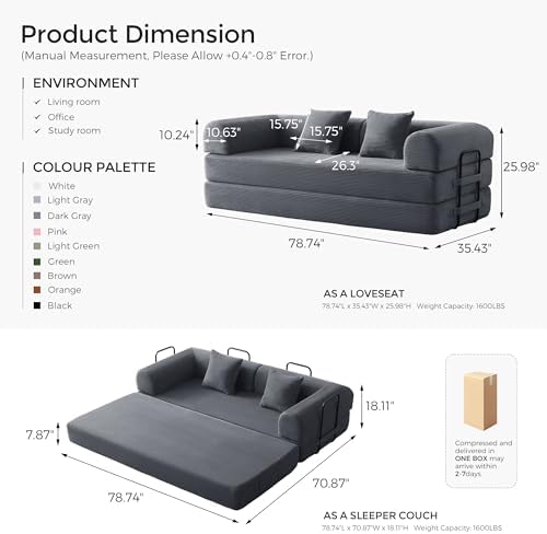 79" Convertible Futon Sofa Bed, Boneless Couch for Living Room | Dark Gray