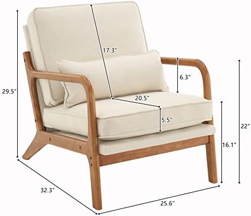 Bonnlo Fine Linen Beige Mid Century Modern Accent Chair, Soild Wood Padding L...