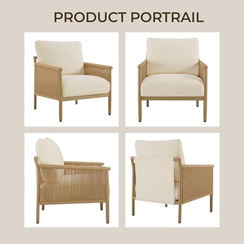 CHITA Braid Accent Chair, Wood-Like Finish Grain Metal Frame (1, Cream)