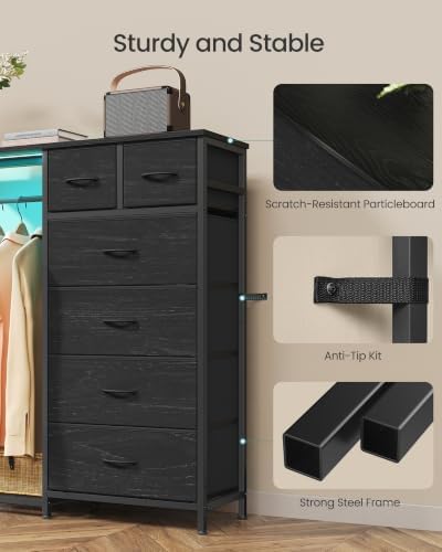 SONGMICS Dresser with Hanging Rod, Closet Organizer with 6 Fabric Drawers