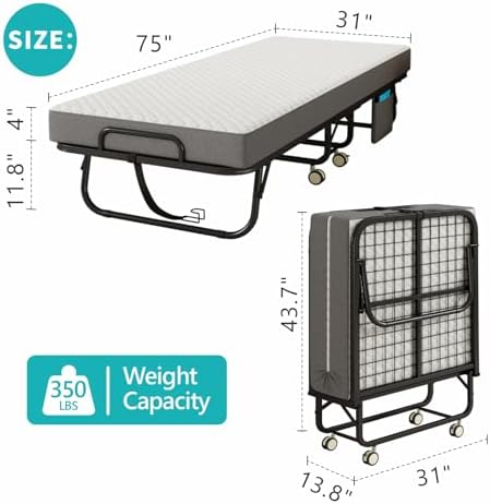 Folding Bed with Mattress for Adults, 75" x 31"Portable Cot-Size Ro...
