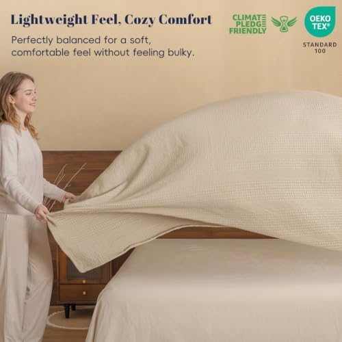 PHF Lightweight Waffle Weave Blanket King for Bed Light Tan 104"x90"
