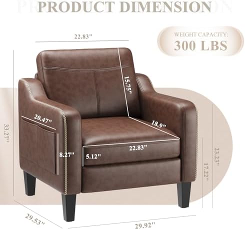 MALOL PU Leather Accent Chair, Mid-Century Modern Living Room Armchair Sofa w...