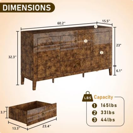 60" Glossy Burl Wood Sideboard Buffet with Storage