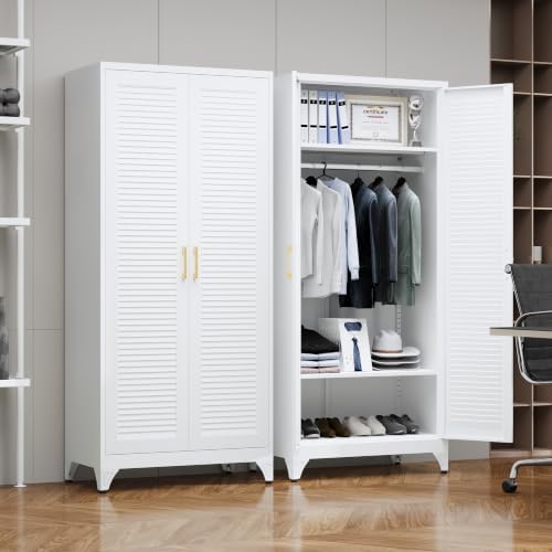 Steeloong 71"Armoire Wardrobe Close,White Wardrobe Cabinet with Hanging Rod