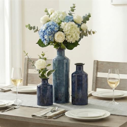 Blue Ceramic Vase Set - 3 Blue Small Vases, Farmhouse Country Flower Vase Hom...