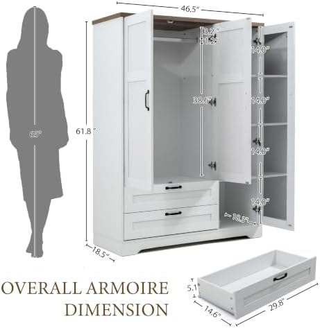 Yechen 3-Door Wooden Armoire Wardrobe Closet with Drawers and Shelves, Bedroo...