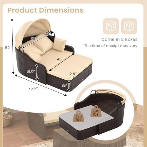 Moccha Outdoor Daybed with Retractable Canopy - PE Rattan Double Chaise Loung...