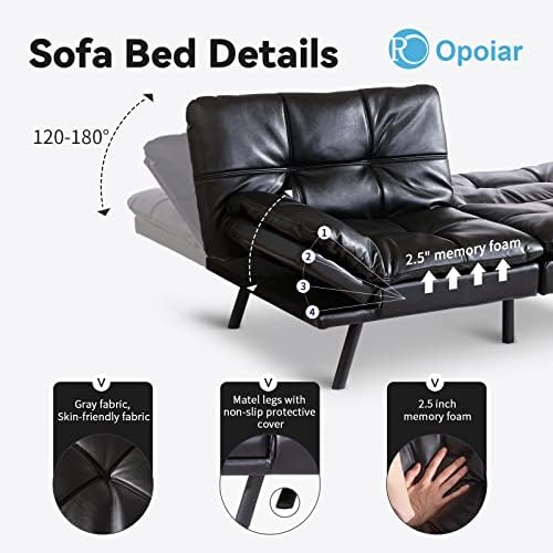 Opoiar Futon Sofa Bed Couch with Frame and Mattress,Black Faxu Memory Foam Le...