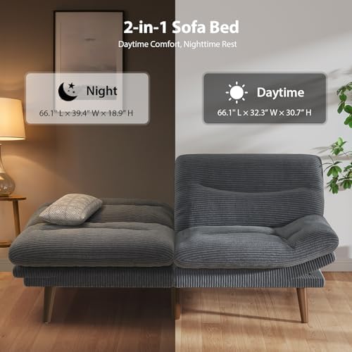 PERLECARE Convertible Futon Sofa Bed, 66" Corduroy Futon Couch with Adju...