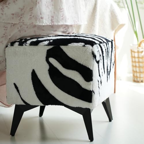 Zebra Print Velvet Ottoman, Plush Upholstered Footstool, Western Style | 16x1...