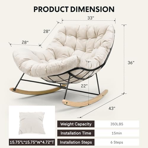 FLEXISPOT Outdoor Papasan Rocking Chair with Thick Cushion,Beige