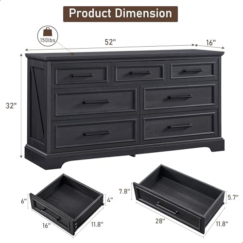 ACCOHOHO 7 Drawer Dresser, 52" Wide Farmhouse Chest for Bedroom, Black