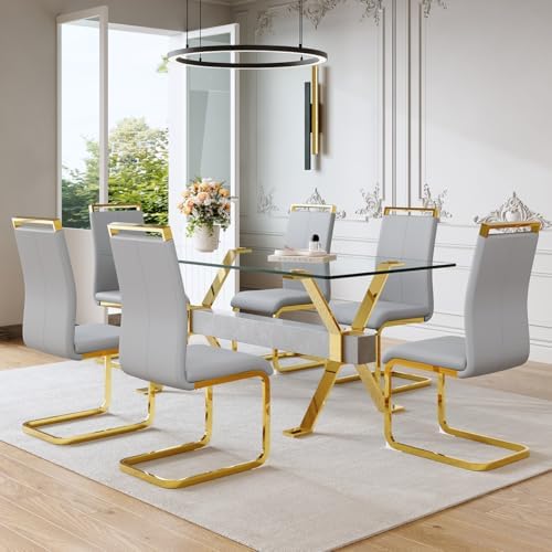 71" Glass Dining Table Set for 6|Modern Dining Table Set for 6 with Faux...