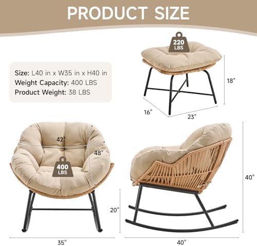 ONBRILL Papasan Rocking Chair with Ottoman, Oversized Papasan Chair, Beige