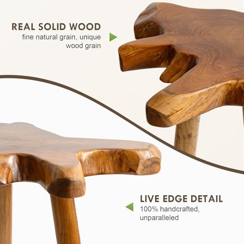 Natural Teak Wood Live Edge Side Table with Wood Legs – Rustic Side Table for...