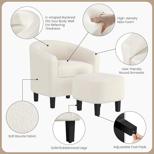 Yaheetech Accent Chairs with Ottoman, Boucle Fabric Barrel Chairs, Ivory