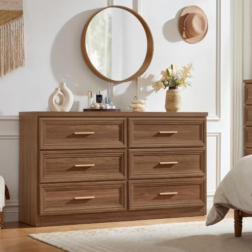 RWYHG 55.1" Wide Farmhouse 6 Drawers Dresser for Bedroom, Light Walnut