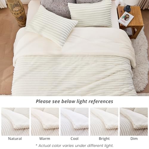 Sasttie Fluffy King Comforter Set, 3 PC Soft Fleece Bedding, Cream White