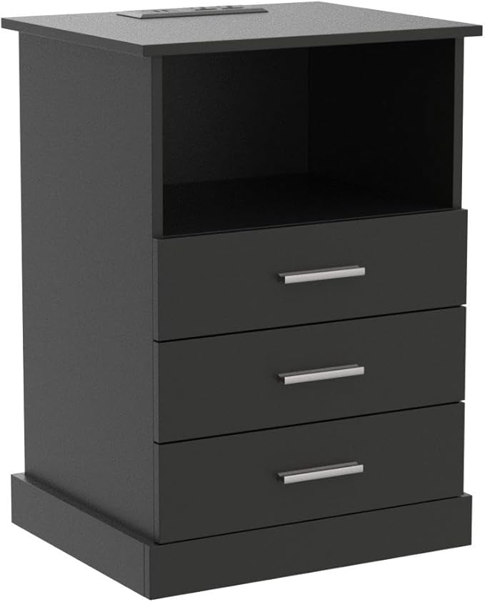 Black LED Nightstand with Charging Station, Side Table with 3 Drawers and Lig...