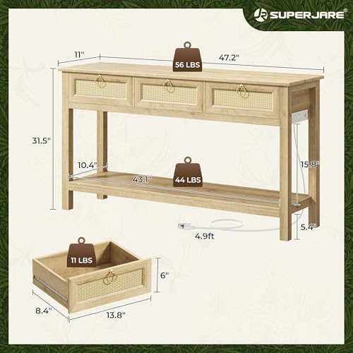 SUPERJARE Rattan Console Sofa Table with Outlets and USB-C Port, 3 Drawer Ent...