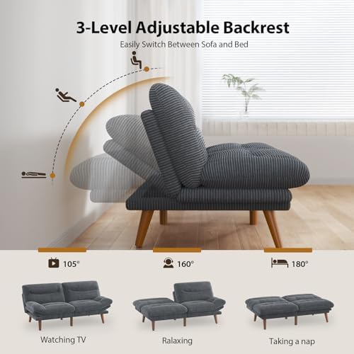 PERLECARE Convertible Futon Sofa Bed, 66" Corduroy Futon Couch with Adju...