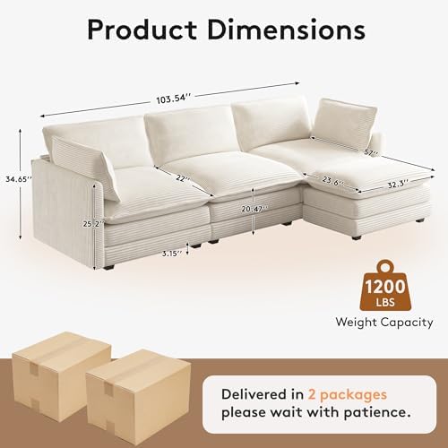 ROWHY 104'' Modular Sectional Cloud Couch with Movable Ottoman, 4 Sea...