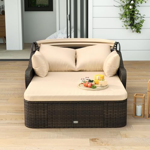 Moccha Outdoor Daybed with Retractable Canopy - PE Rattan Double Chaise Loung...