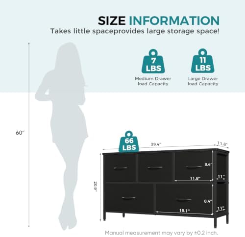 OLIXIS 5 Drawer Black Dresser for Bedroom, Closet Chest Organizer Furniture