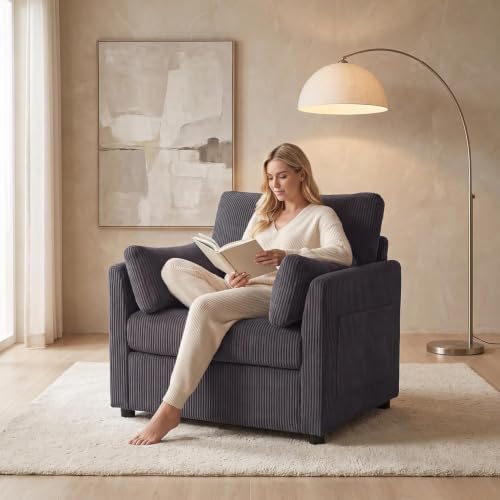 GRAVFORCE 37.75" Oversized Accent Chair with 2 Pillows, Grey, Corduroy