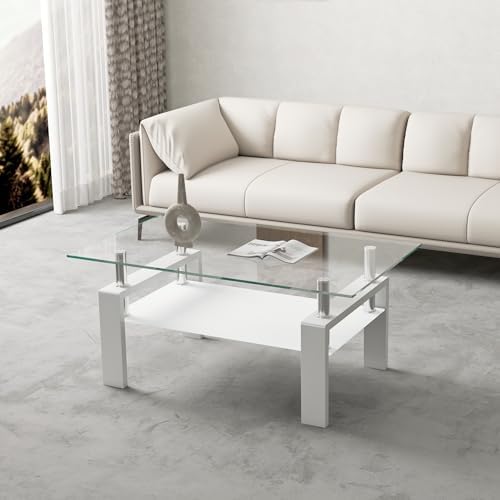 Glass Coffee Table for Living Room, Modern Coffee Table with Transparent Temp...