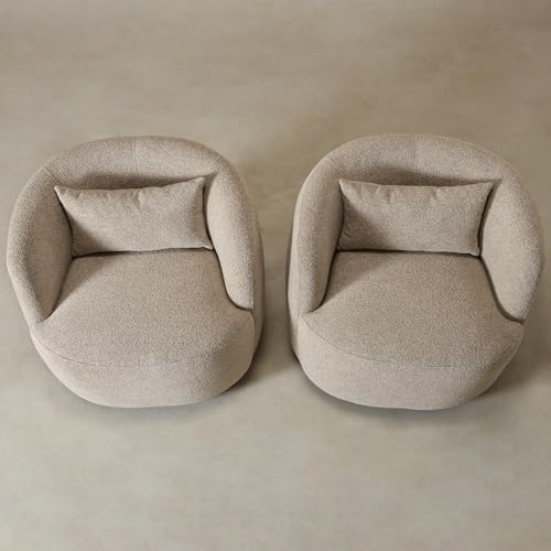 KINWELL 34" W Boucle Swivel Barrel Chairs with Pillow Set of 2, Taupe