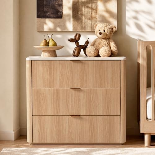 ModernMate 3 Drawer Dresser with Curved Profile & Faux Travertine Texture...
