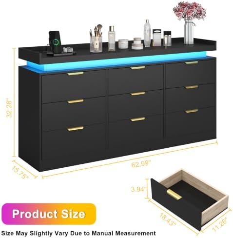 9 Drawer Dresser for Bedroom, Black Dresser with LED Lights and Power Outlet,...