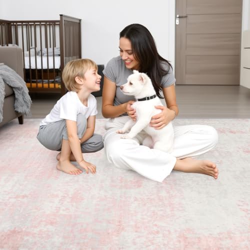 10x12 Area Rug Living Room: Modern Washable Soft Carpet Pink White