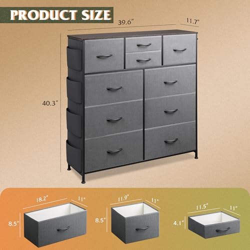WLIVE 10 Drawer Fabric Dresser for Bedroom, Side Pocket Chest, Dark Grey