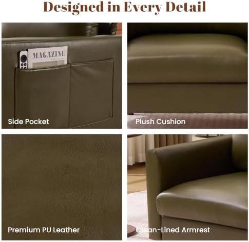 Kingfun Faux Leather Armchair Sofa with Side Pocket,Olive Green