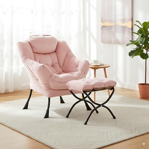 LITA Lazy Chair with Ottoman, Comfy Accent Reading Chair, Velvet Pink