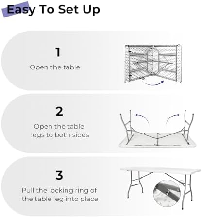 Folding Table 6ft, Heavy Duty Plastic Fold-in-Half Utility Table, White