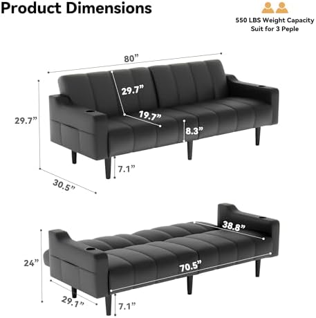80'' Futon Sofa Bed,Faux Leather Futon Sleeper Sofa, Convertible Love...