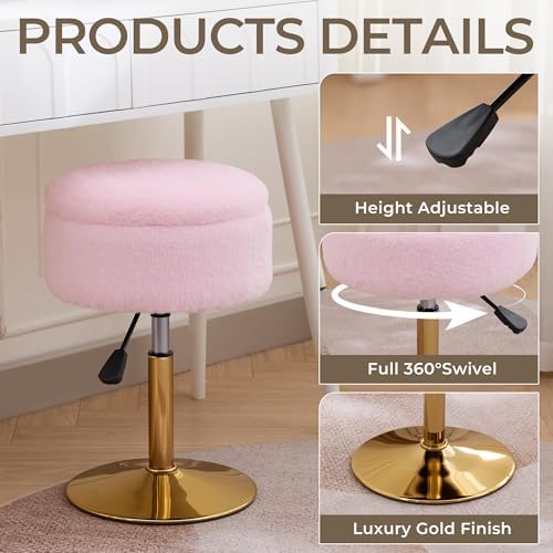 Pink Swivel Vanity Stool With Storage Vanity Chair Gold Base Ottoman