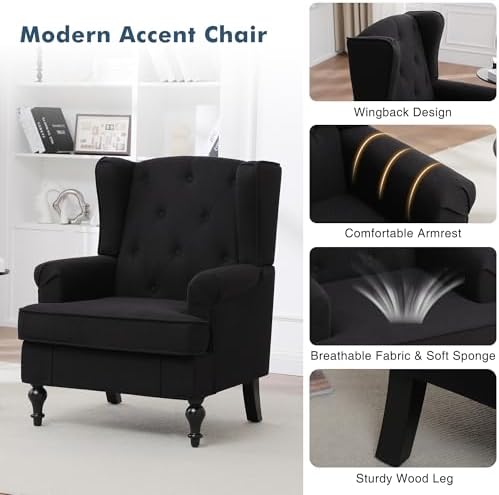 Accent Chair for Living Room, Mid Century Modern Upholstered Armchair, Wingba...