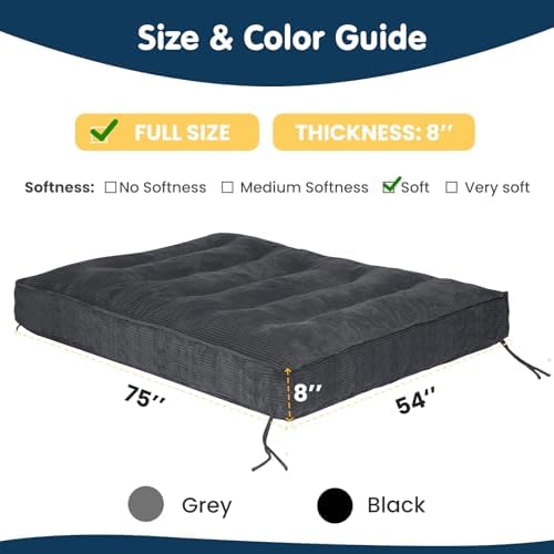 8 Inch Futon Mattress Full Size, Futon Floor Sofa Bed Foldable with Soft Cord...
